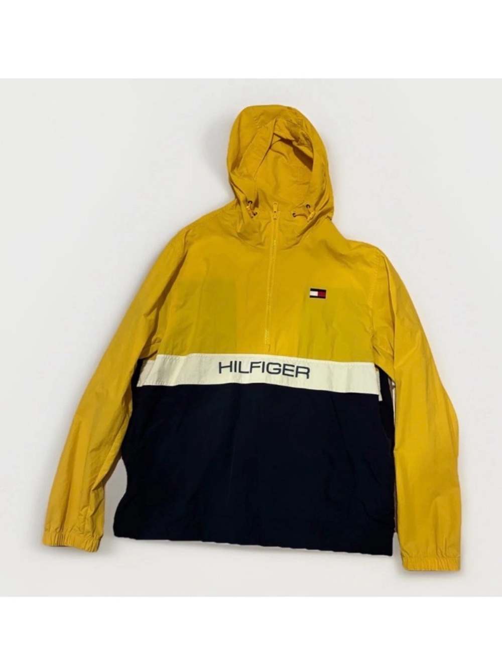 Tommy Hilfiger Yellow, Blue & White Hooded Windbreaker Size Medium